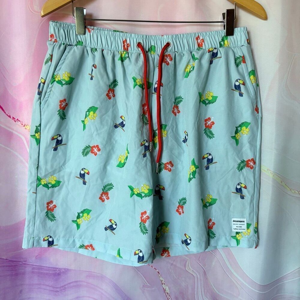 Mossman Australia XL Light Blue Tropical Floral Toucan Swim Trunks Shorts Preppy